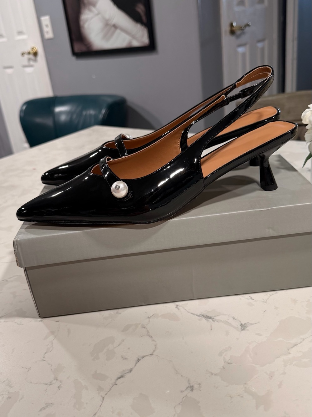 SHEIN Black Patent Slingback Kitten Heels with Pearl Detail